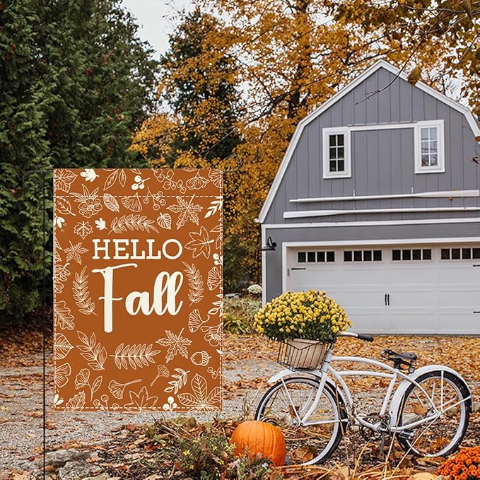 Hello Fall Garden Flag Autumn Holiday Garden Flag 12x18 inch Double Sided Fall Thanksgiving Maple Leaves Flags Decorations for Yard Outside Lawn Patio (Flay 1806)