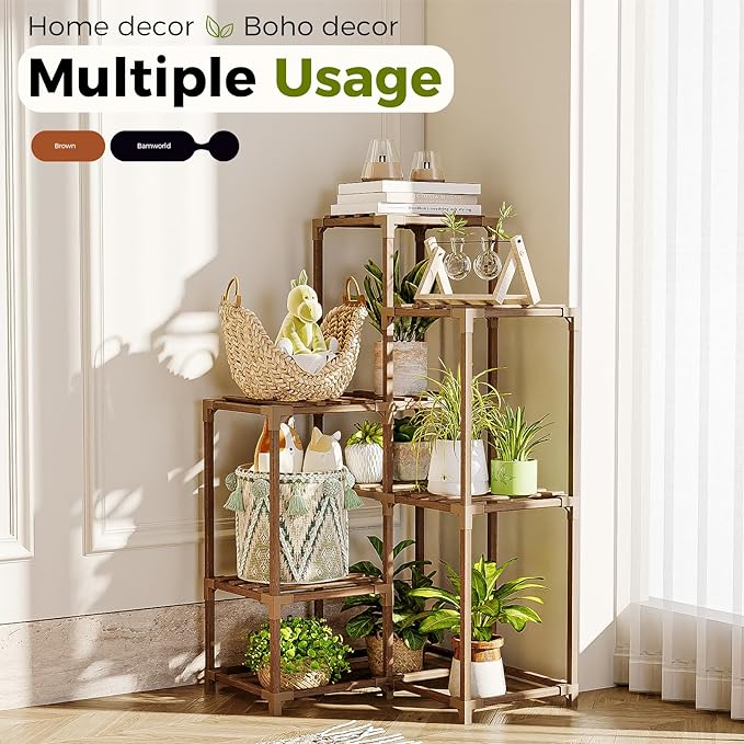 Bamworld Plant Stand Indoor Plant Shelf Outdoor Corner Wood Plant Table 7 Pots Flower Stands for Living Room Plant Rack Indoor Multiple Plants for Patio Balcony Garden Decor