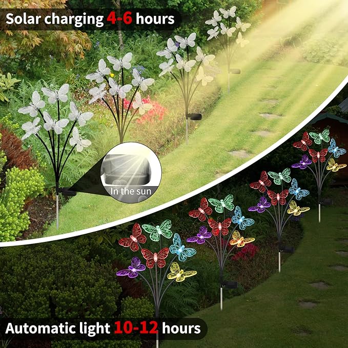 Solar Butterfly Lights Outdoor, 2 Pack with 12 Swaying Garden Lights, Waterproof, Changing Color for Yard Pathway Decor