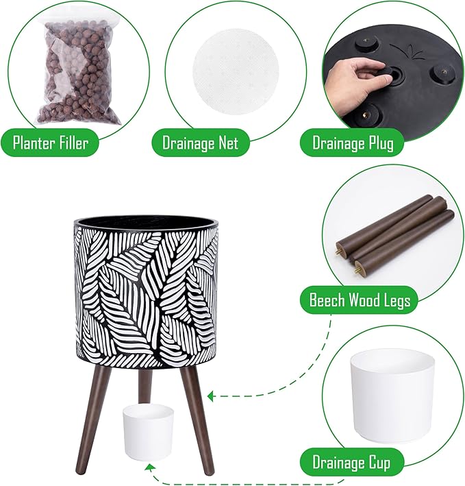 D'vine Dev 12 Inch Planter Pot with Stand, Mid-Century Tall Plant Pot with Legs for Indoor Plants, Large, White/Grey, 88-L-C-7