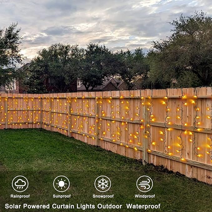 Solar Powered Curtain Lights 33ftx 3ft 500 LED Outdoor Curtain Lights Waterproof with Remote Timer for Garden Patio Fence Wedding Wall Gazebo Decor - Warm White