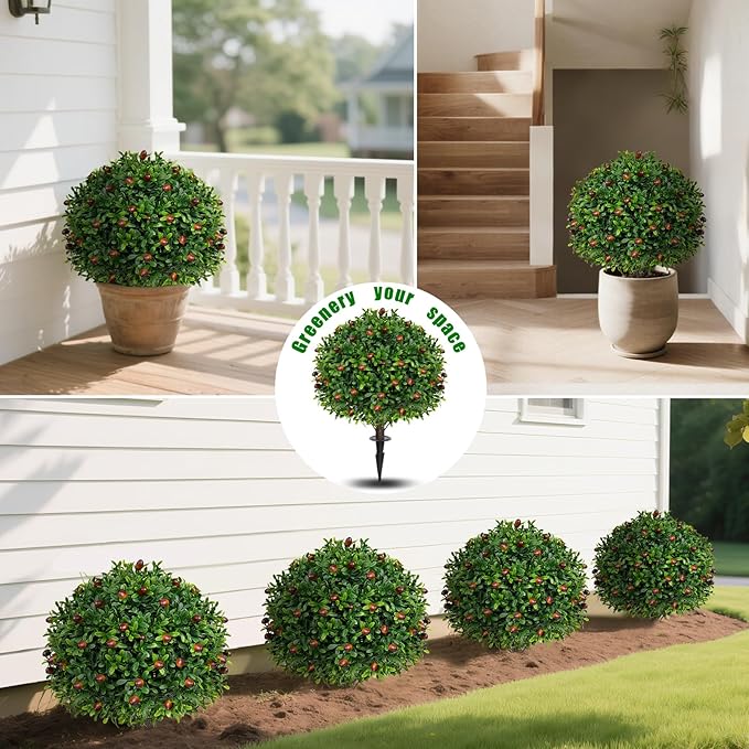 Artificial Olive Topiary Ball Trees with Ground Spike, Set of 2 UV Resistant Artificial Shrubs, Fake Evergreen Artificial Plant Bushes for Indoor Outdoor Front Porch Garden