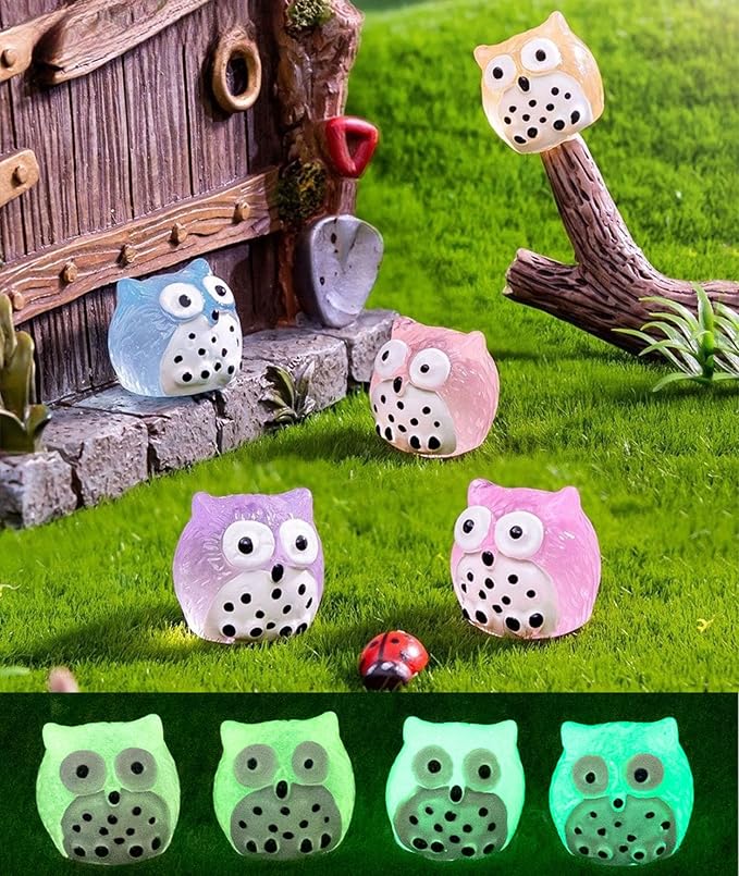 Luminous Mini Resin Animals 40 Pcs Tiny Resin Owls Glow in The Dark for Garden Miniatures Fairy Garden Accessories Plant Decorations and Car Accessories