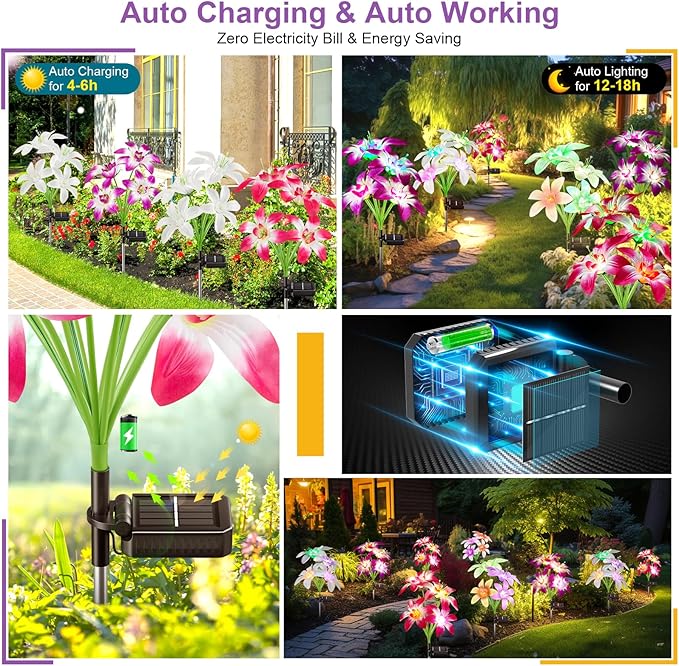 Solar Lights Outdoor Waterproof, 4 Pack Upgraded Garden Lights Solar Powered with 16 Double Layer Lily Flowers, Colorful Outdoor Solar Lights for Outside Yard Patio Garden Decor