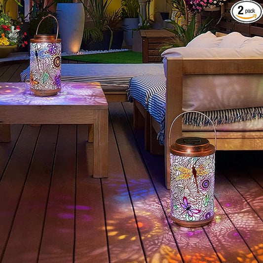 Go2garden 2Pack Solar Outdoor Lanterns Waterproof Dragonfly Garden Gifts for Women Patio Decor Lights Metal Lantern for Yard, Tabletop, Porch, Outside,Mothers Day Gifts for Mom Women
