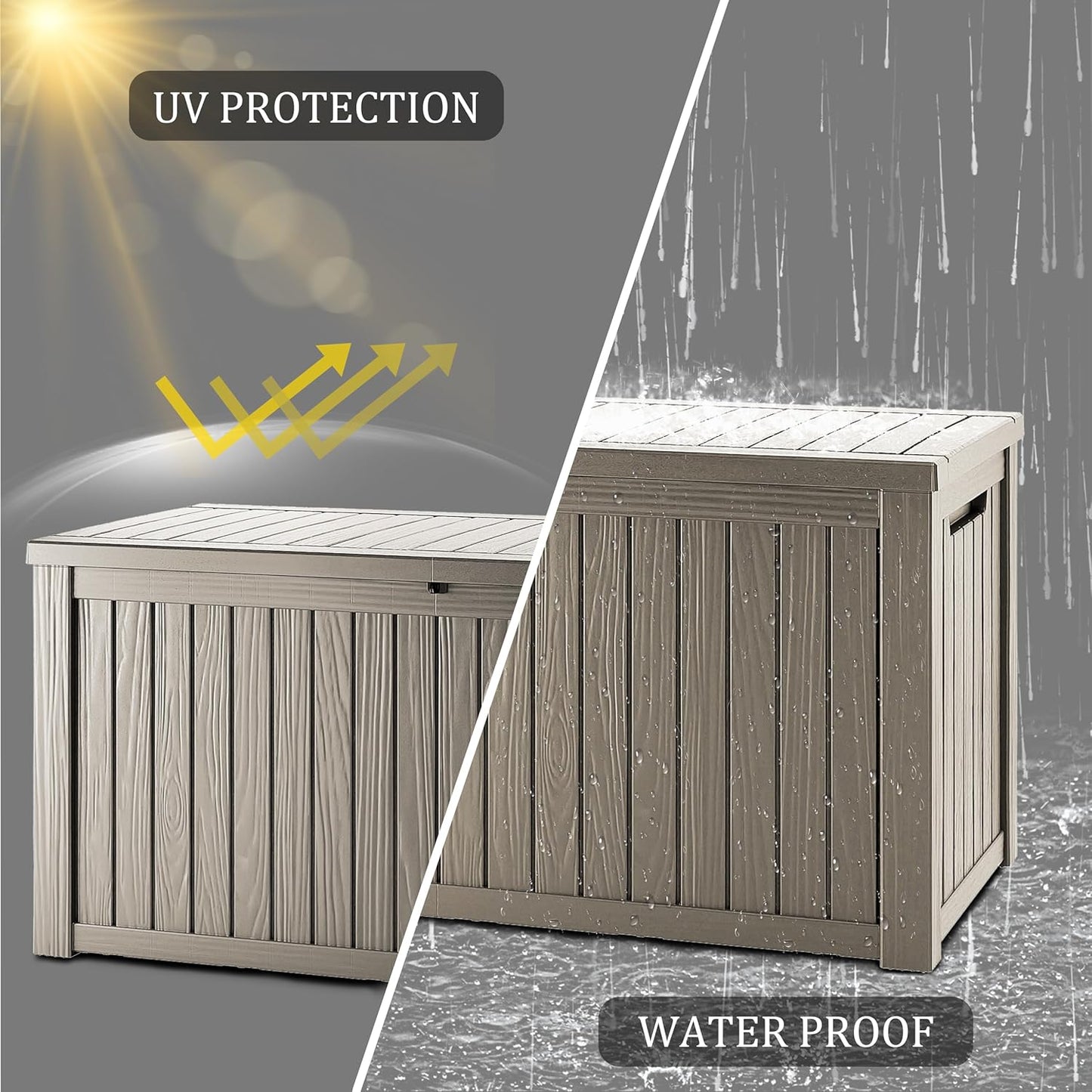 200 Gallon Coffee Resin Deck Box - Rustic Wood-Look, Waterproof & Lockable Outdoor Storage for Garden Tools, Patio Essentials - All-Weather Container for Farmhouse Decks, Backyards