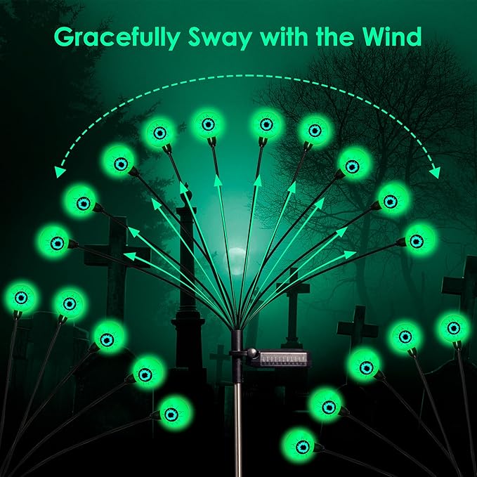 Halloween Decorations, 4 Pack 40LED Solar Halloween Lights Outdoor Scary Eyeball Waterproof Halloween Solar Garden Lights Swaying Firefly Lights for Yard Garden Patio Party Decor Green