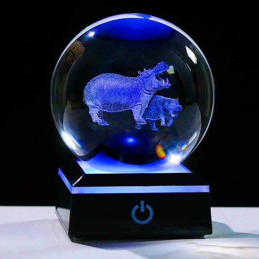 Qianwei Hippopotamus Gifts for Women 3D Crystal Ball 3.14'' - Laser Hippopotamus Decor Glass Animals Hippo Gifts Figurines Statue Stuff for Room Decorations Hippo Night Light