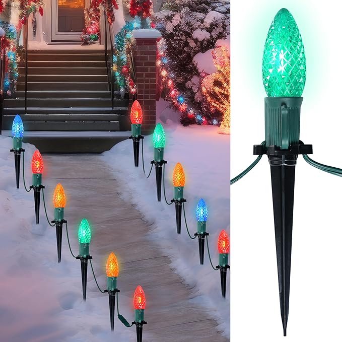 JOIEDOMI 30.75FT C9 Christmas Pathway Strawberry Stake Lights 24 LED, Multicolor Outdoor Faceted Walkway Decor with Marker Connectable for Holiday Xmas Yard Garden Lawn