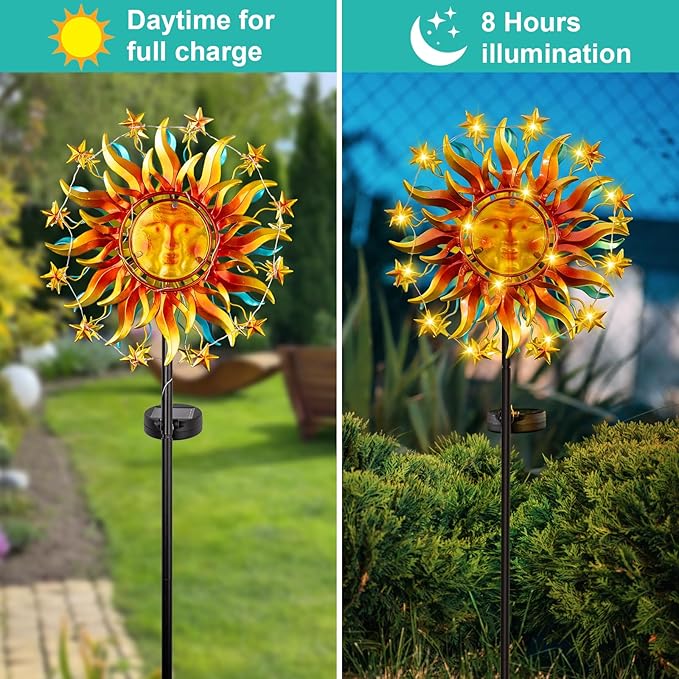 Solar Wind Spinners for Yard and Garden - 60.3 Inch 360° Metal Sun Wind Sculptures Outdoor Clearance Kinetic Windmills with Vine String Shining LED Lights for Patio, Lawn Xmas Garden Decoration