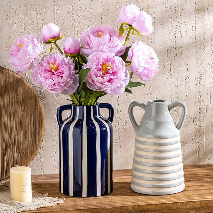 Ceramic Grey and White Checkered Stripes Vase with Handles, Hand-Painted Modern Bohemian Floral Vases Home Decor, Cottage Core Decor, Flower Vases for Bouquet Tabletop Bedroom Office Bookshelf 8.9 in