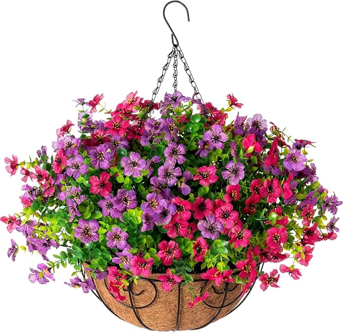 Artificial Faux Hanging Plants Flowers Basket for Spring Summer Outdoor Outside Decoration, Fake Silk Colorful Daisy Eucalyptus in Planter UV Resistant Realistic for Porch Patio Balcony Yard