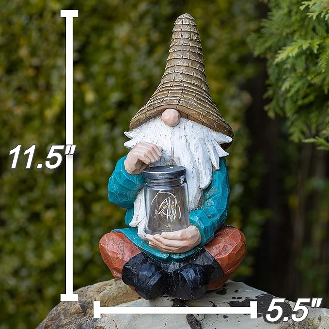 VP Home Firefly Jar Gnomes - Outdoor Garden Gnome with Solar Light - Durable Garden Decorations for Yard, Lawn, Patio - 10.5H x 7W x 5.5D - Weather-Resistant Gnome Statue