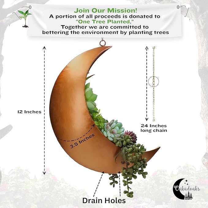 Gold Hanging Moon Planter – with Drain Holes - Moon Room Decor - Unique Planters for Succulents,Air Plant, Cactus, Artificial Plants- Plant Lover Gifts - Boho,Hippie, Birthdays,Witchy Gifts for Women