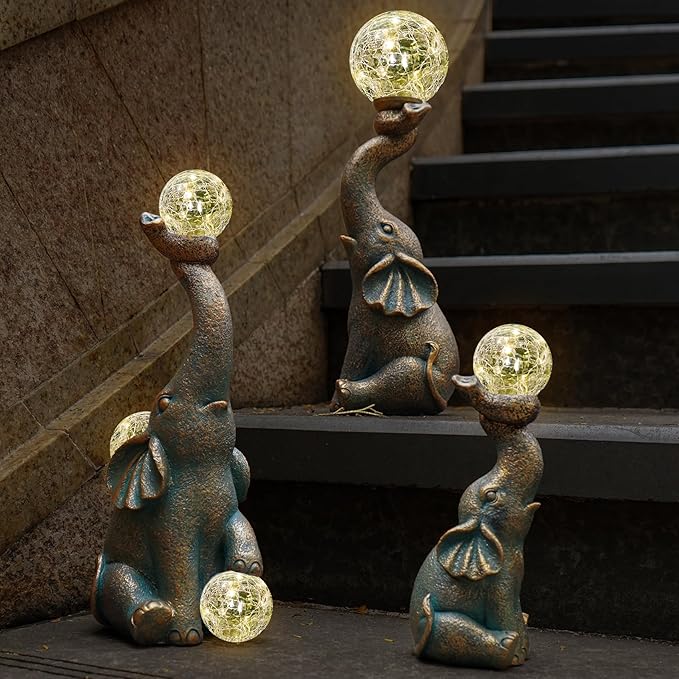 MININOVA Garden Decor Outdoor Statues Elephant with Cracked Glass Balls, Cute Solar Figurine for Patio, Lawn, Yard Art Ornament Decorations (15 LED Lights)