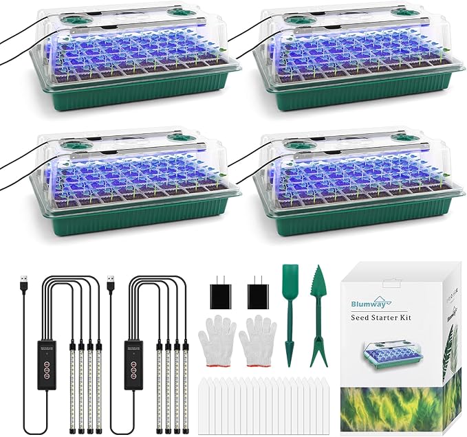 BlumWay Seed Starter Tray with Grow Light,4 Pack 160 Cells Seedling Tray with Humidity Dome/Indoor Grow Kit for Deep-Rooted Seedlings,Adjustable/Timed Light Plant Starter Set