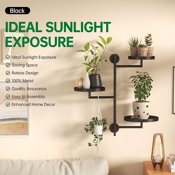 Rotating Window Wall Plant Shelves Stand Holder, 3 Tiered Metal Floating Plant Shelf Hanger Indoor , Window Sill Gifts