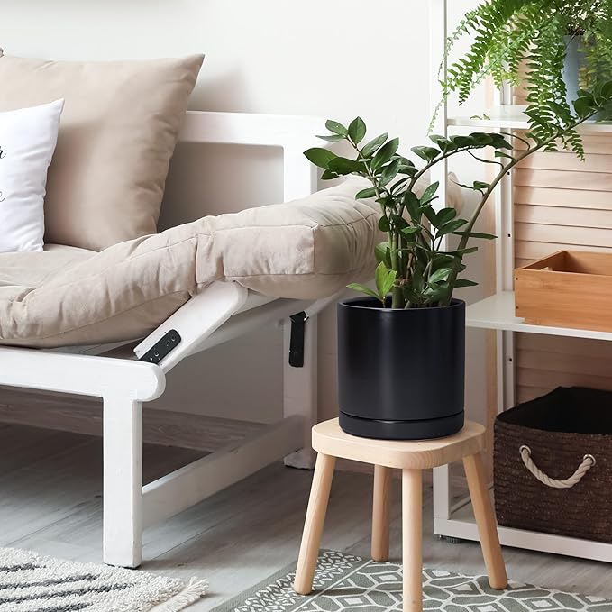 D'vine Dev 8 Inch Ceramic Planter Pot with Drainage Hole and Saucer, Indoor Cylinder Round Planter Pot, Black, 94-O-D-2