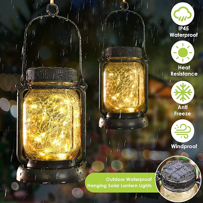Mlambert 4 Pack Solar Hanging Lantern with Stakes, Outdoor Waterproof Solar Mason Jar Fairy String Lights Decorative Vintage Glass Lamp-Warm White