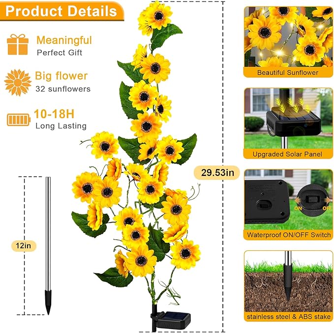 Solar Garden Lights Outdoor, 2 Pack New Sunflower Light for Outside, Solar Willow Vine Light with 46 LED Sunflowers, Waterproof Decor for Yard, Patio, Pathway, Gardening Gifts (4Pack Sunflower)