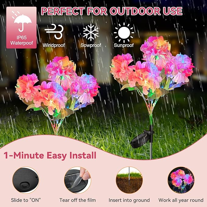 Neporal Solar Flowers Outdoor Waterproof IP65, 4PK 5-Head Hydrangea with 4-Color Light & 2 Lightning Modes, Solar Flower Lights Garden Lights Outdoor Waterproof for Garden, Yard,Pathway