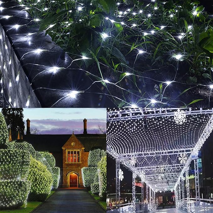LJLNION Christmas Net Lights, 360 LED 12ft x 5ft Connectable Mesh Fairy String Lights, 8 Modes Low Voltage Safe Adaptor for Xmas Trees, Bushes, Wedding, Outdoor Holiday Garden Decorations, Cool White