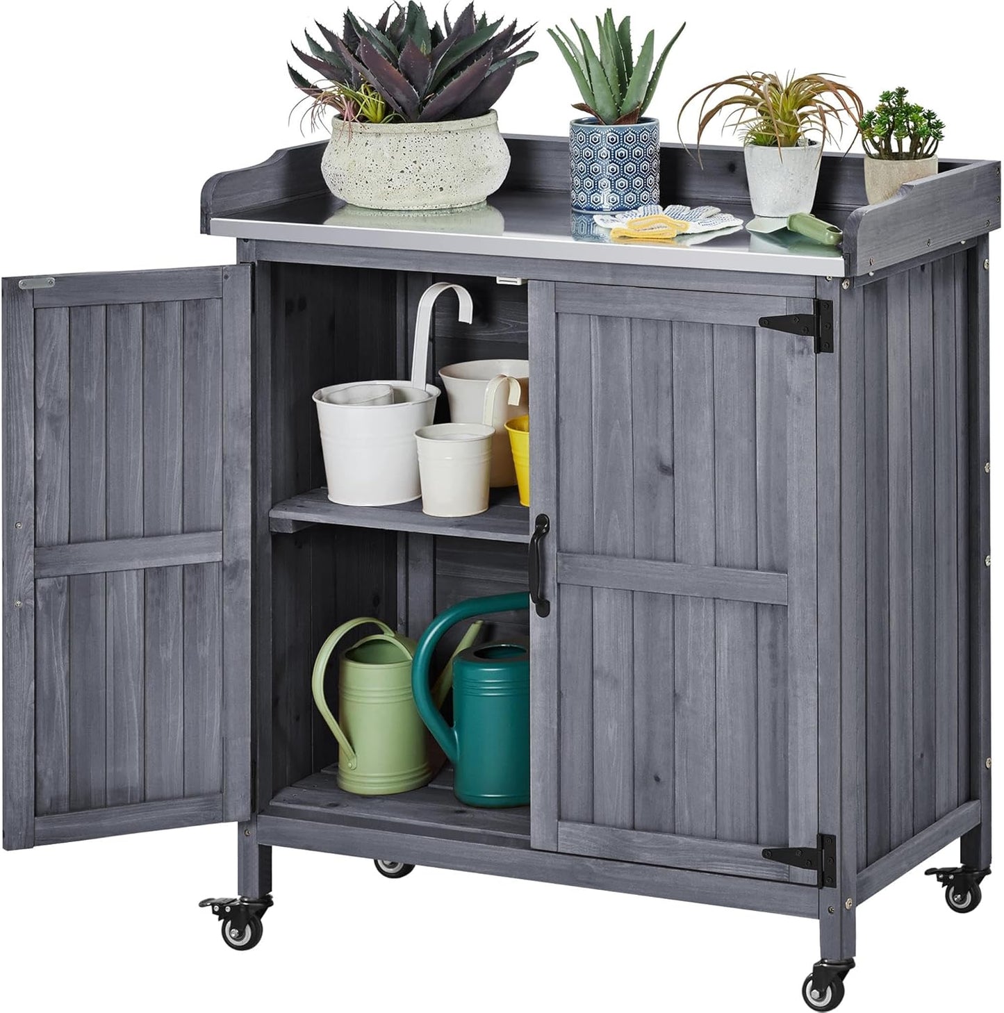 Yaheetech Garden Potting Bench Table, Outdoor Garden Horticultural Wooden Storage Cabinet & Solid Wood Planting Work Bench with Large Space Storage & Metal-Plated Tabletop, Gray