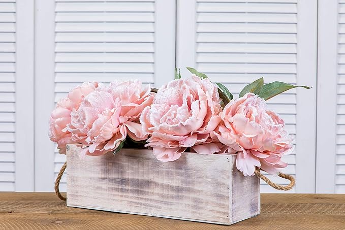 Wooden Planter Box with Handle, Rustic Whitewash, Plastic Liner l Garden Decor l Restaurant and Wedding Decorations l Table Centerpiece (12x4 w Handle Set of 4, Whitewash)
