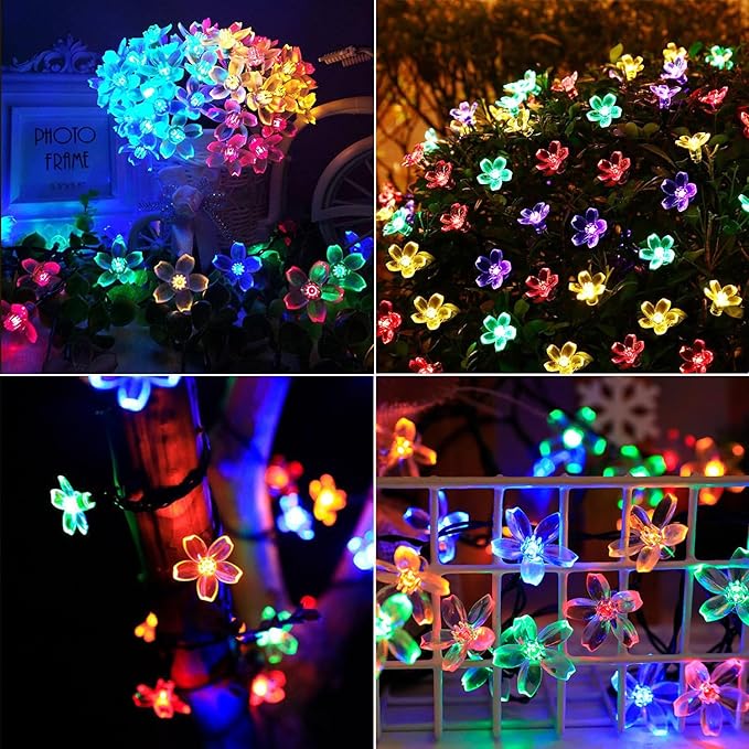 Solar String Flower Lights Outdoor 100 LED 40Ft Multi-Color Fairy Lights with 8 Lighting Modes, Waterproof for Garden, Yard, Porch, Christmas, Wedding, Party, Xmas Tree Decoration