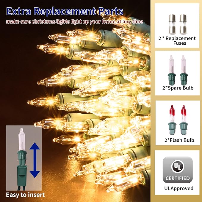 Ultra-Bright Connects End to End Warm White Christmas Mini Lights 100L 19.6Ft UL Listed Incandescent Bulb String Light Set for Indoor and Outdoor Holiday Garden Party Christmas Tree Decor
