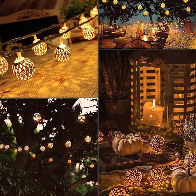 Solar Moroccan String Lights Outdoor 60 LED 36 Ft Globe Fairy Lights with 8 Lighting Modes, Waterproof Solar Powered String Lights for Garden Yard Gazebos Camping Party Holiday (Warm White)