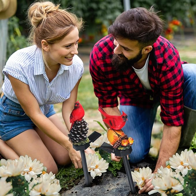 Capoda 2 Pieces Cardinal Garden Decorations Resin Bird Figurine Solar Light Stake Waterproof Light Stake Outdoor Decorations for Patio Yard Lawn Porch Pathway Christmas Decoration