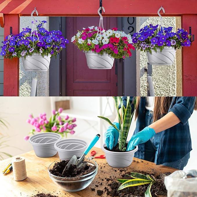 Tioncy 50 Pcs Plastic Hanging Planter Round Hanging Pot for Plants Containers with Hook Flower Plant Pots Holders for Outdoor Indoor Plant Balcony Garden Decor(Gray White)