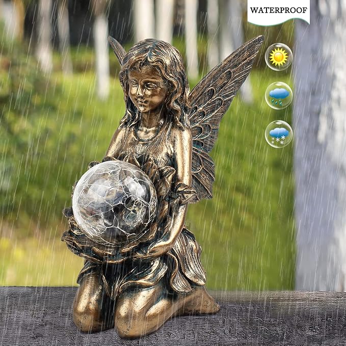 Garden Statues Outdoor Flower Fairy Decor,Solar Powered Outdoor Resin Statues-Patio Lawn Yard Porch, Funny Garden Fairies Ornaments Figurines for Outside Garden Gifts,8.31 Inches Tall