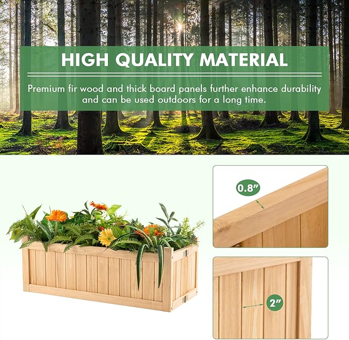 S AFSTAR Outdoor Wooden Planter Box, Folding Raised Garden Bed W/Drainage Hole, Patio Rectangle Plant Container for Flowers Vegetables Fruits Herbs, Collapsible Planting Box for Yard