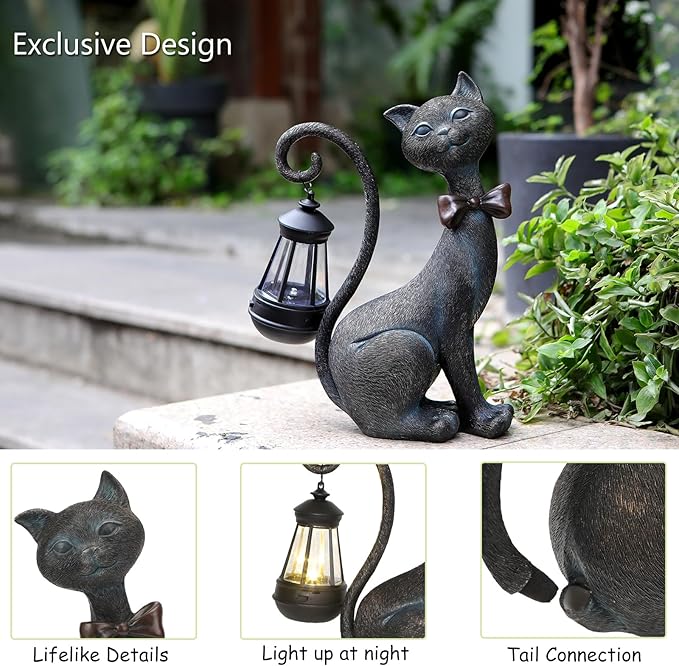 Whimsical Outdoor Cat Statues with Solar Garden Lantern:Cat Garden Statues for Outside Decor Clearance,Outdoor Figurine for Yard Art Lawn Ornaments Patio Balcony Home House - Valentines Birthday Gifts