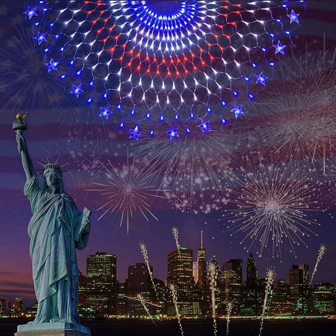 American Flag Lights, 243 LEDs Red White and Blue Lights Half Fan Flag Light, Waterproof US Flag Lights for Yard Garden, Festival, Holiday, 4th of July Independence Day Decorations