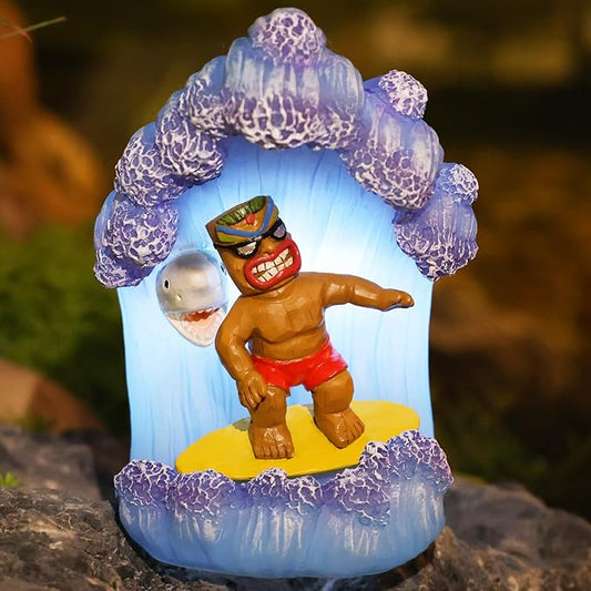 Solar Tiki Statue Decor-Garden Statue Outdoor Ornaments - Tiki Man Surfing Waterproof Decoration Figurine for Tiki Bar,Patio,Balcony,Yard,Lawn,Table