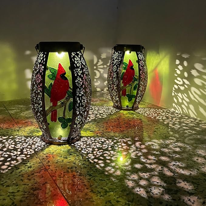 2PCS Cardinal Solar Lanterns Glass & Metal Hanging Light Outdoor Waterproof 16" H Tabletop Lamp with Hollowed-Out Design with Shepherd's Hooks for Garden Patio Table Decor, Green