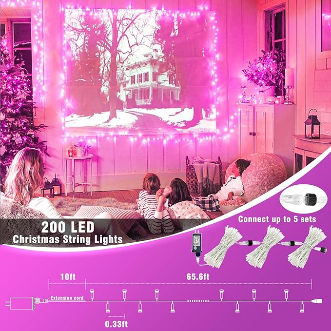 200 LED Pink String Lights, 66ft Pink Christmas Lights Outdoor Waterproof 8 Modes Clear Wire, Connectable Plug in Twinkle Fairy Lights for Bedroom Indoor Wedding Christmas Decorations