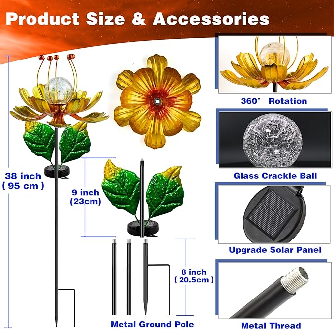 Solar Wind Spinner, 38 Inch Metal Stake Yard Spinners,Solar Powered Multi-Color LED Glass Ball with Kinetic Wind Sculpture Spinner Windmills for Yard