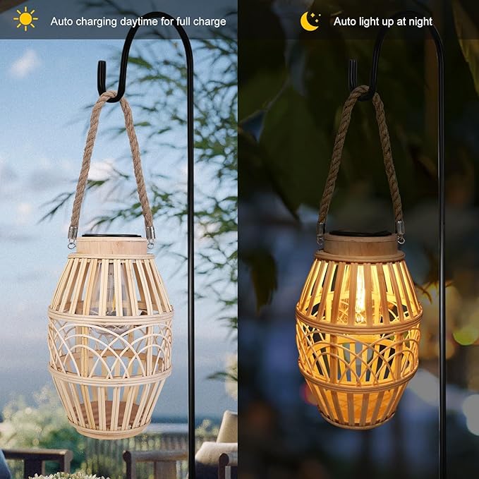 pearlstar Outdoor Solar Lanterns Light Rattan Natural Lantern with Handle for Hanging or Table Lamp for Patio Yard Garden Wedding Home Decoration, Edison Bulb, Auto on/Off (Style3)