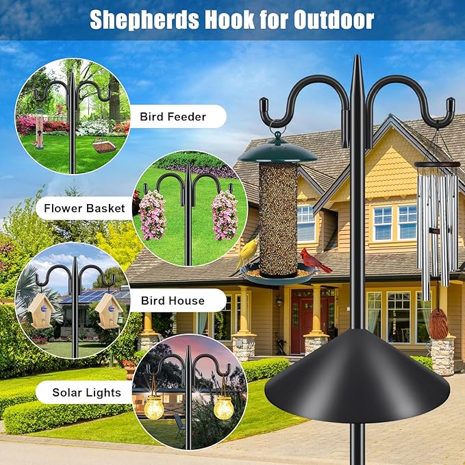 Gtongoko Bird Feeder Pole Squirrel Proof, 92 Inch Double Shepherds Hook for Outdoor with Squirrel Baffles Adjustable Heavy Duty with 5 Prongs Base for Hanging Plants, Bird Feeders, Black