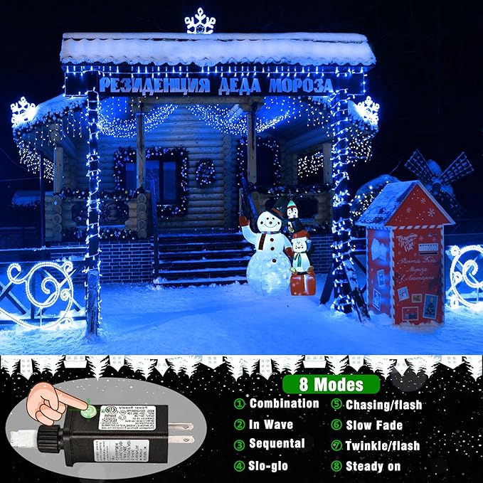 Vivideal 300 LED Christmas Lights Outdoor - 99ft Extra Long Christmas String Lights 8 Modes Plug in Waterproof Fairy Lights with Timer Memory for Indoor Outside Bedroom Home Party Decoration, Blue