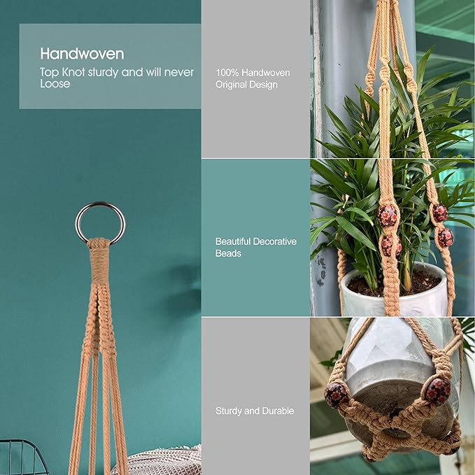 Macrame Plant Hanger for 5 to 10 Inch Plant Pots, Set of 2 Indoor Handmade 35 Inch Woven Rope Hanger Kits with Hooks and Wood Beads, Hanging Planter Basket Holder for Boho Home Decor (Brown, 2 Pack)