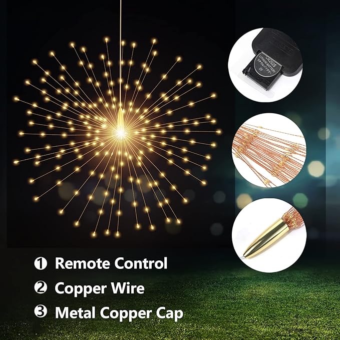 4 Pack 800 LED Starburst Sphere Lights, Battery Operated Firework, 8 Modes Dimmable Remote Control Waterproof Hanging Fairy, Copper Wire for Patio Parties Christmas (Warm White)