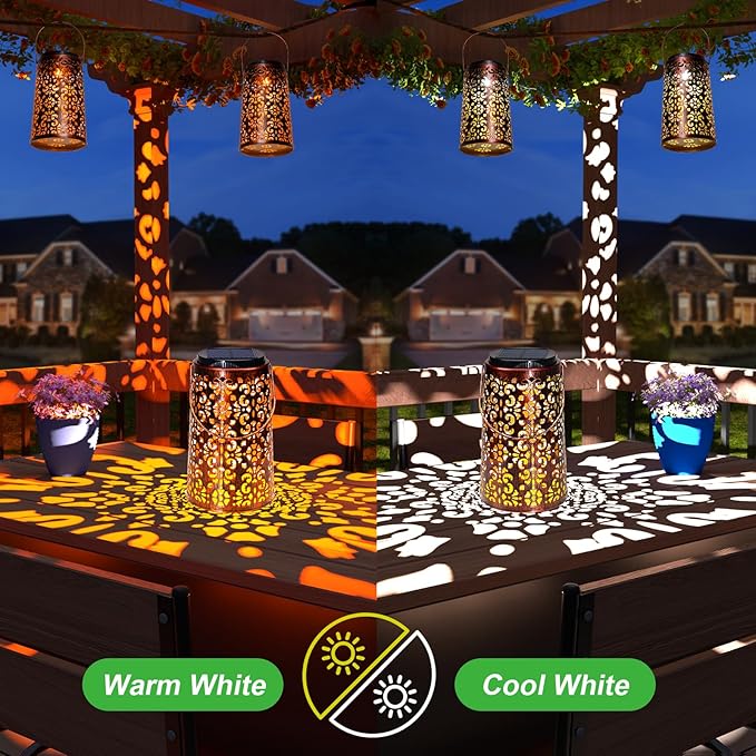 Solar Lanterns Outdoor Waterproof - 4 Pack Hanging Solar Lights Gifts for Women Mom Grandma Decorative Lantern for Patio Decor Garden Yard Backyard Porch Table Tree Lighting, Cool/Warm Light