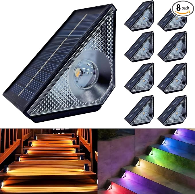 Solar Step Lights, 8 Pack Solar Stair Lights Outdoor Waterproof, Warm White/7 RGB Colors LED Outdoor Deck Light, Outside Lighting Decor for Garden Stair, Deck, Front Step, Front Porch, and Patio