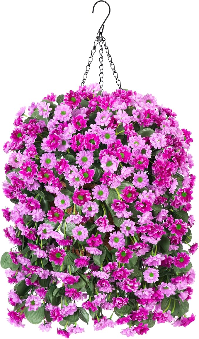 Hanging Baskets Artificial Flowers for Outdoor Interior Decor, Artificial Daisies Flowers Shrubs Plants with Baskets for Home Porch Garden Patio Spring Summer Decoration(Double Lotus)