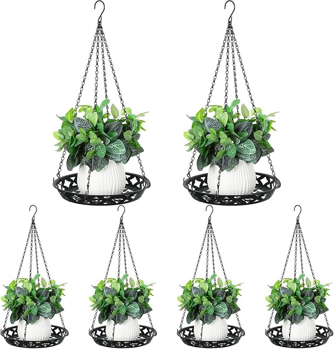Enhon 6 Pack Plant Hanger, 12 Inch Metal Hanging Planter for Indoor Outdoor Plants, Classy Glossy Black Decorative Hanging Plant Shelf for Window Wall Ceiling Home Decor